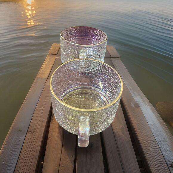 2 Iridescent Style Glass Coffee Mugs Set Of Cups Hobnail Style Gold Trim Cups - Picture 7 of 16